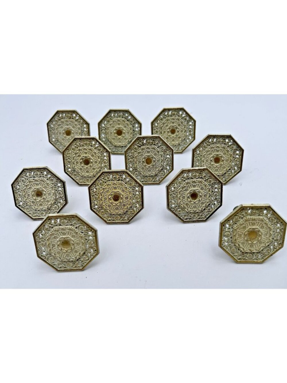 Vtg Allison Japan MCM Ornate Filigree Metal Drawer Pulls Knobs Goldtone 11 ct
